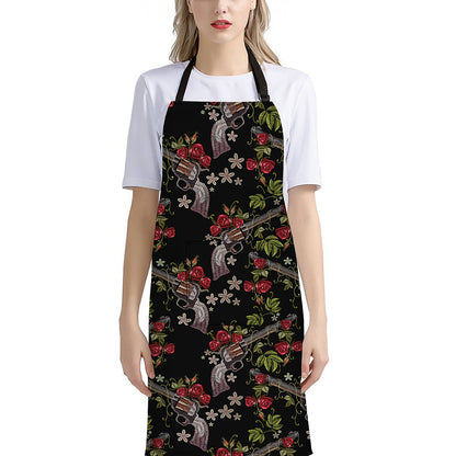 Guns And Flowers Pattern Print Bib Apron With Pocket