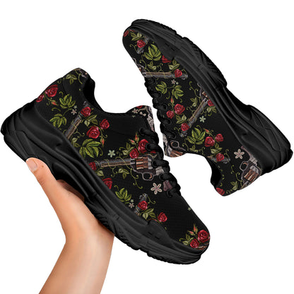 Guns And Flowers Pattern Print Black Chunky Shoes