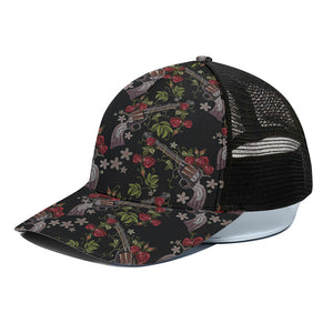 Guns And Flowers Pattern Print Black Mesh Trucker Cap