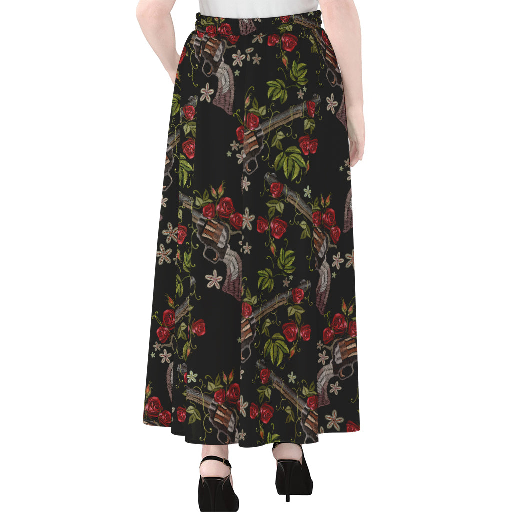 Guns And Flowers Pattern Print Chiffon Maxi Skirt