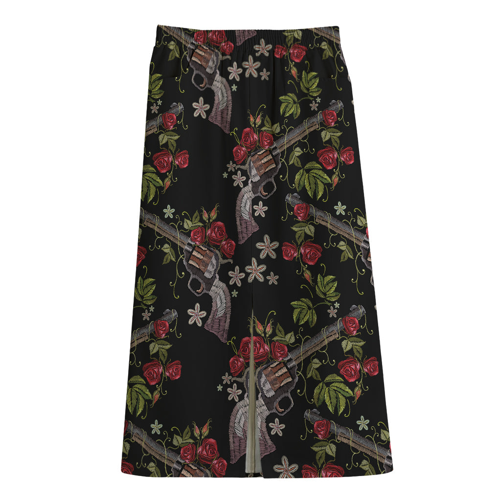 Guns And Flowers Pattern Print Cotton Front Slit Maxi Skirt