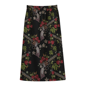 Guns And Flowers Pattern Print Cotton Front Slit Maxi Skirt