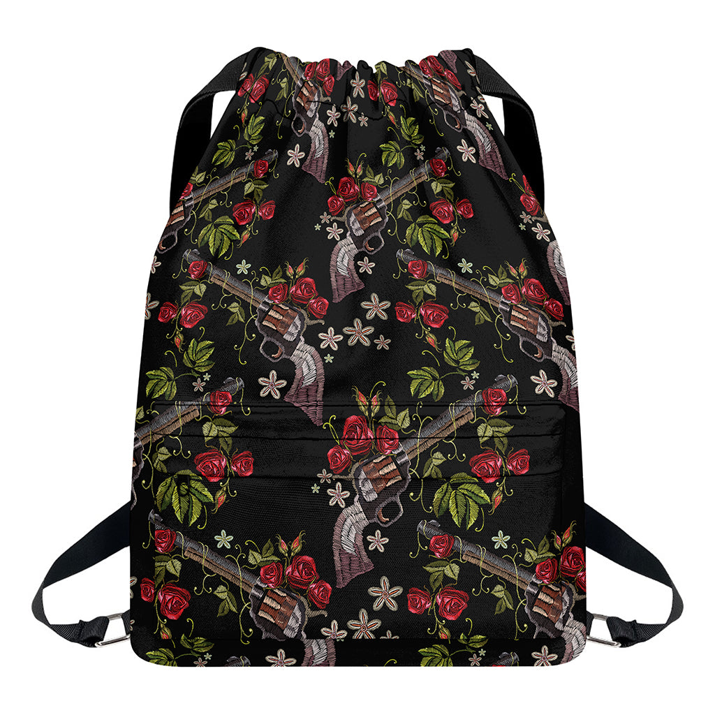 Guns And Flowers Pattern Print Drawstring Backpack
