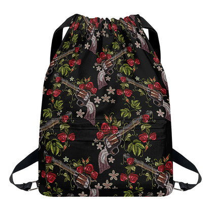 Guns And Flowers Pattern Print Drawstring Backpack