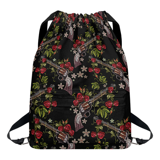 Guns And Flowers Pattern Print Drawstring Backpack