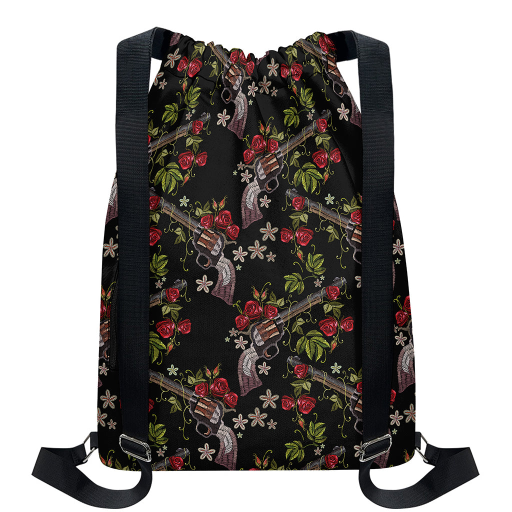Guns And Flowers Pattern Print Drawstring Backpack