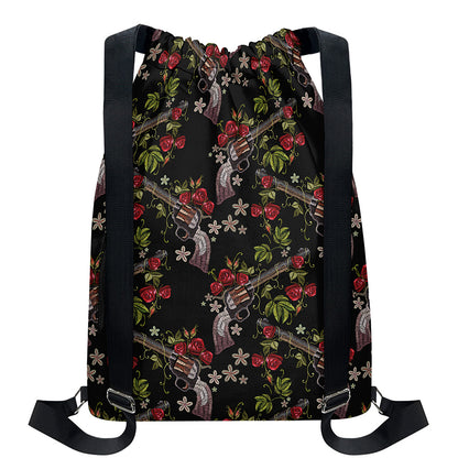 Guns And Flowers Pattern Print Drawstring Backpack