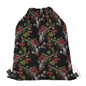 Guns And Flowers Pattern Print Drawstring Bag