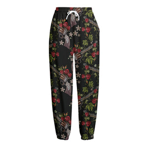 Guns And Flowers Pattern Print Fleece Lined Knit Pants