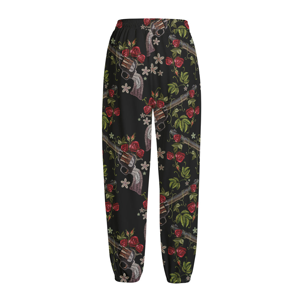 Guns And Flowers Pattern Print Fleece Lined Knit Pants