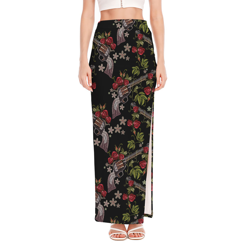 Guns And Flowers Pattern Print High Slit Maxi Skirt