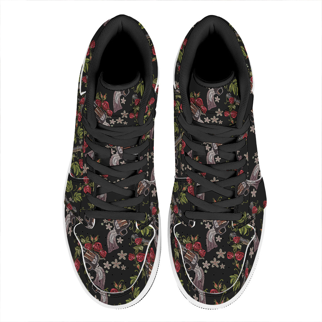 Guns And Flowers Pattern Print High Top Leather Sneakers