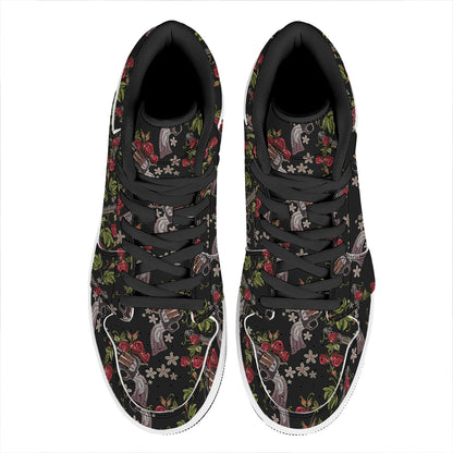 Guns And Flowers Pattern Print High Top Leather Sneakers