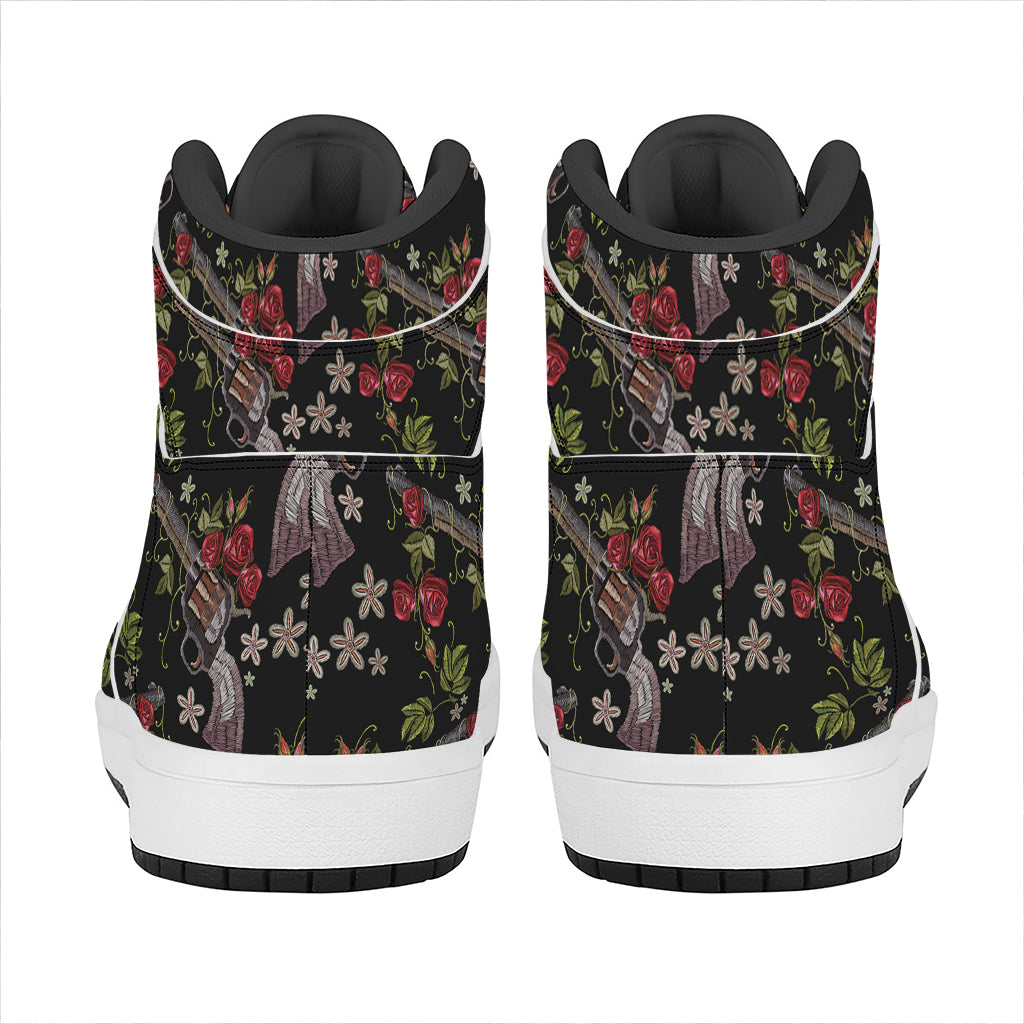 Guns And Flowers Pattern Print High Top Leather Sneakers
