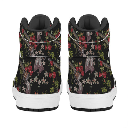 Guns And Flowers Pattern Print High Top Leather Sneakers