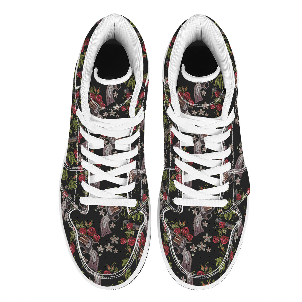 Guns And Flowers Pattern Print High Top Leather Sneakers
