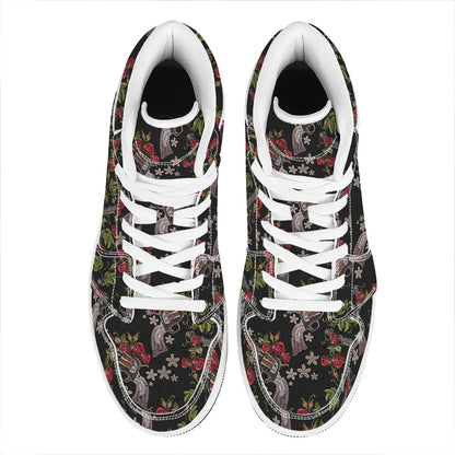 Guns And Flowers Pattern Print High Top Leather Sneakers
