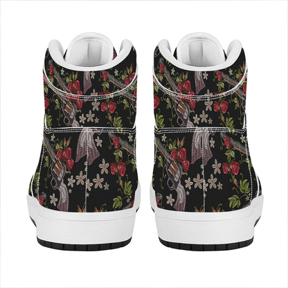 Guns And Flowers Pattern Print High Top Leather Sneakers