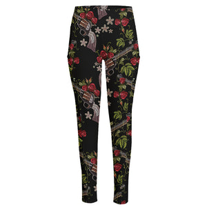 Guns And Flowers Pattern Print High-Waisted Pocket Leggings