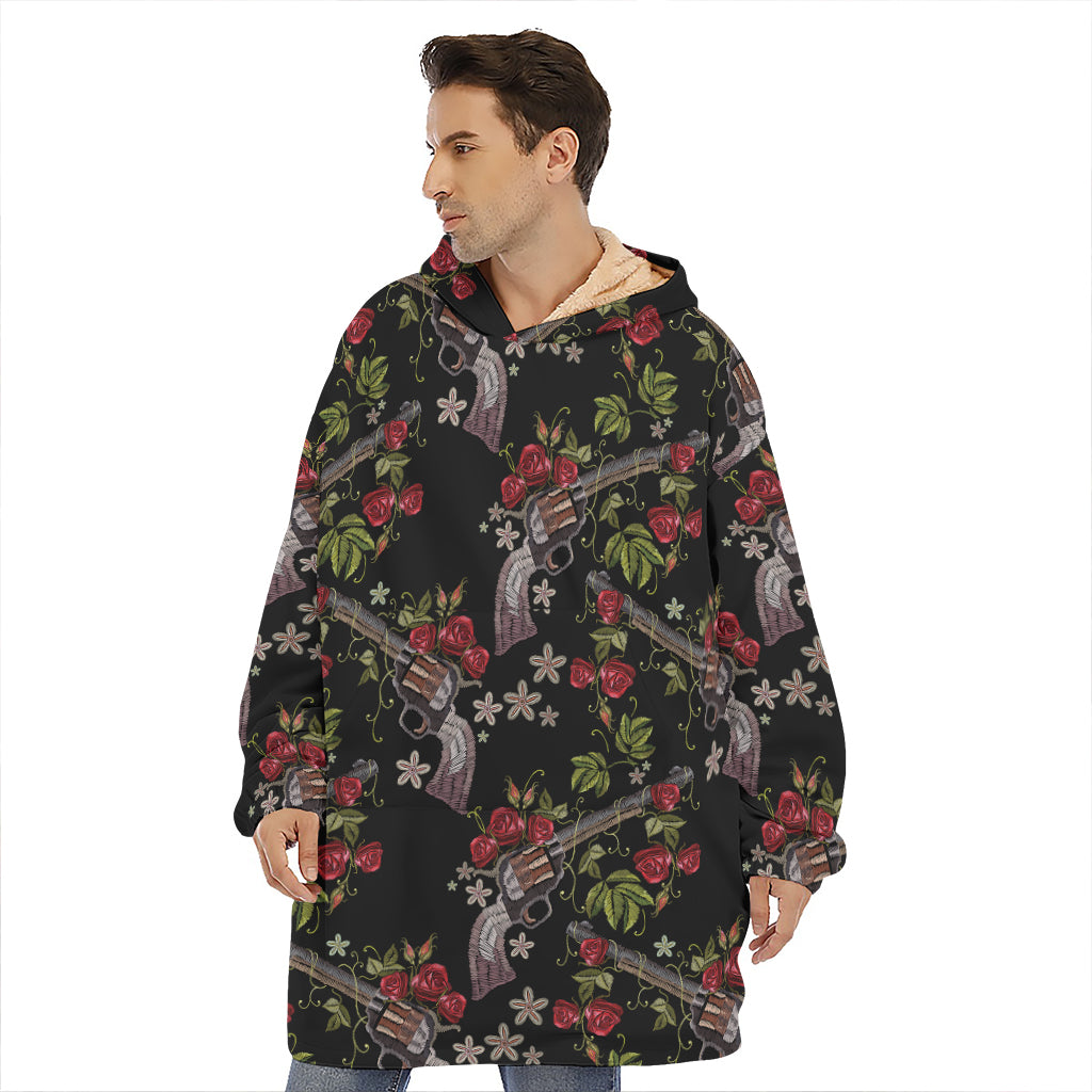 Guns And Flowers Pattern Print Hoodie Blanket