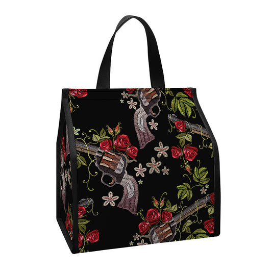 Guns And Flowers Pattern Print Insulated Lunch Tote