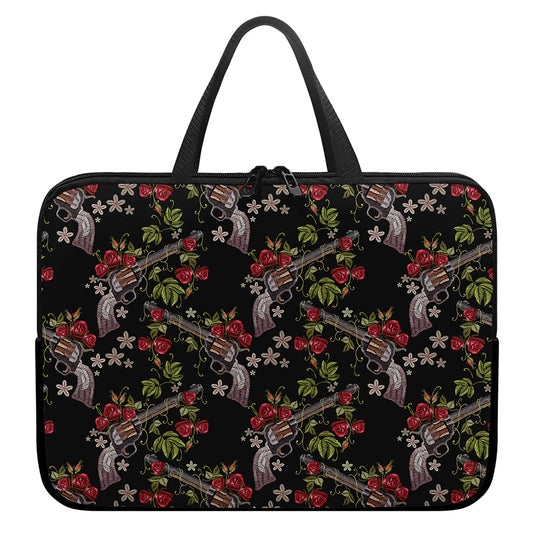Guns And Flowers Pattern Print Laptop Sleeve With Handle