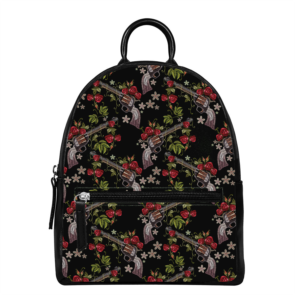 Guns And Flowers Pattern Print Leather Backpack