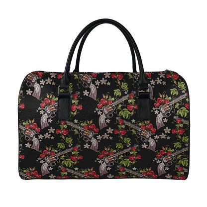 Guns And Flowers Pattern Print Leather Duffle Bag