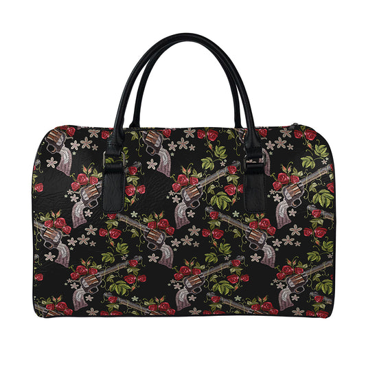 Guns And Flowers Pattern Print Leather Duffle Bag