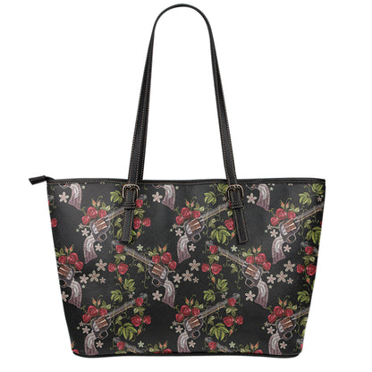 Guns And Flowers Pattern Print Leather Tote Bag