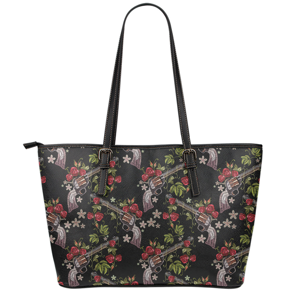 Guns And Flowers Pattern Print Leather Tote Bag