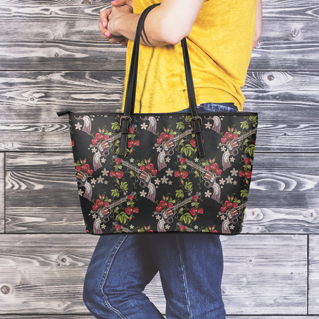 Guns And Flowers Pattern Print Leather Tote Bag