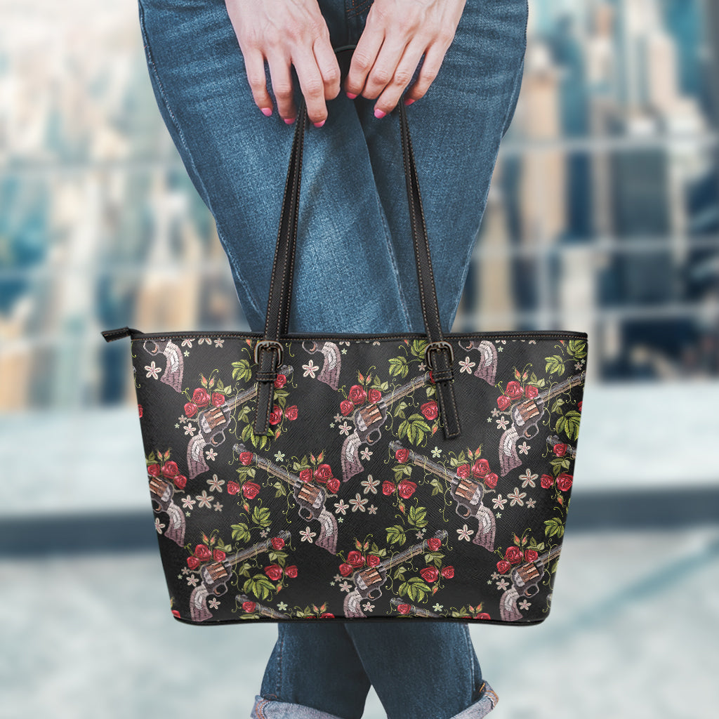 Guns And Flowers Pattern Print Leather Tote Bag