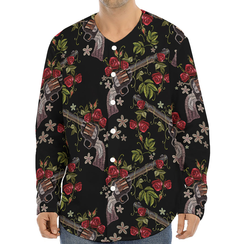 Guns And Flowers Pattern Print Long Sleeve Baseball Jersey