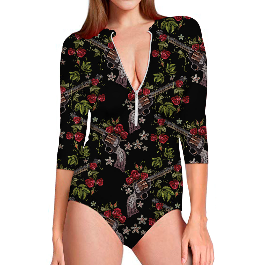 Guns And Flowers Pattern Print Long Sleeve Swimsuit