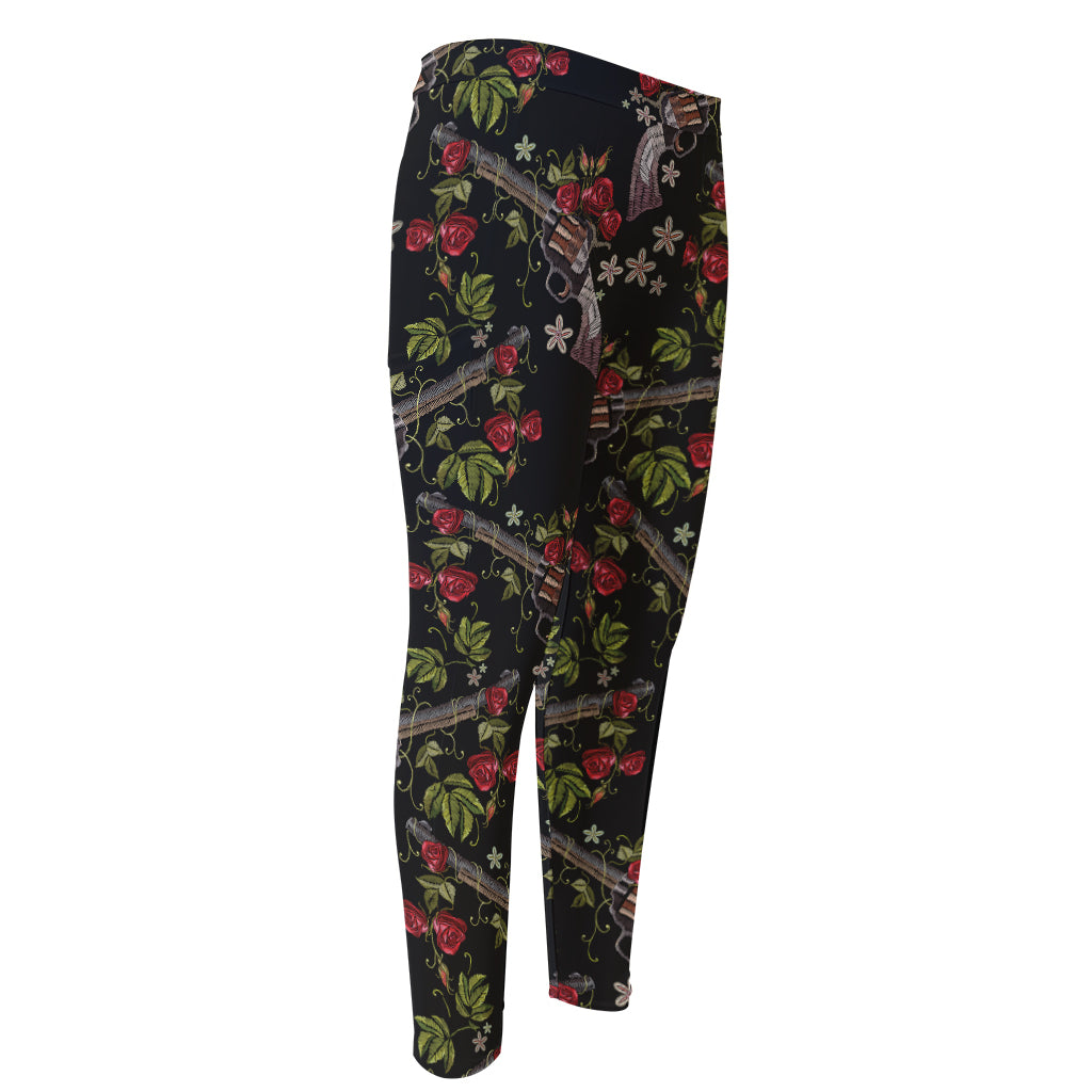 Guns And Flowers Pattern Print Men's Compression Pants