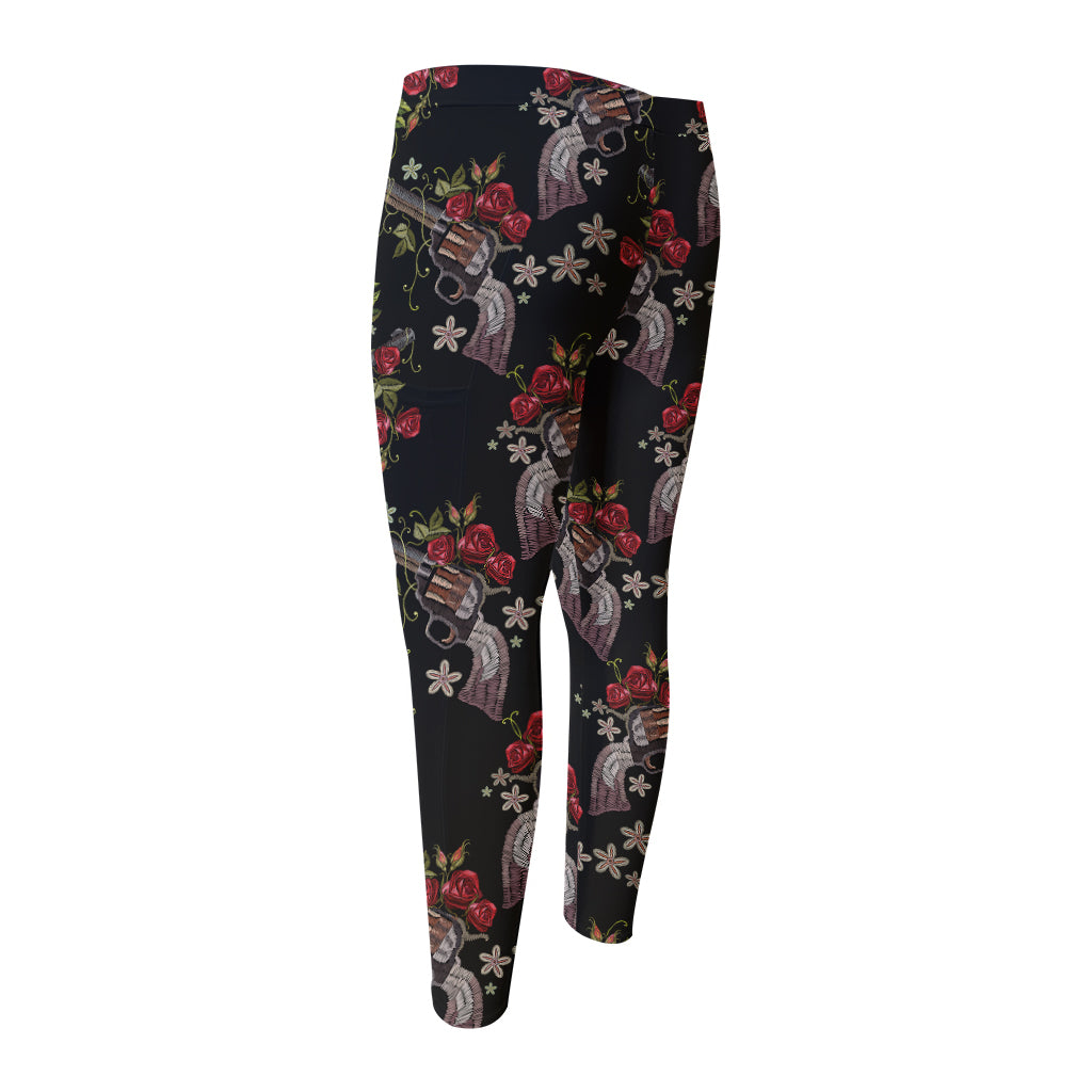 Guns And Flowers Pattern Print Men's Compression Pants