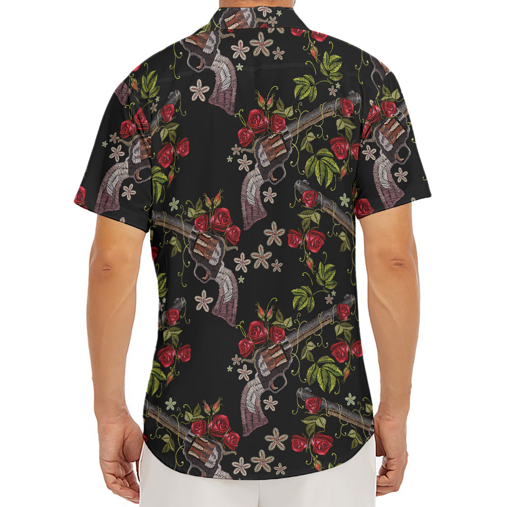 Guns And Flowers Pattern Print Men's Deep V-Neck Shirt