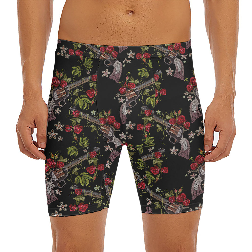 Guns And Flowers Pattern Print Men's Long Boxer Briefs