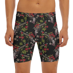 Guns And Flowers Pattern Print Men's Long Boxer Briefs