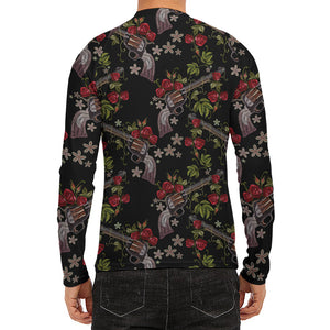 Guns And Flowers Pattern Print Men's Long Sleeve Rash Guard