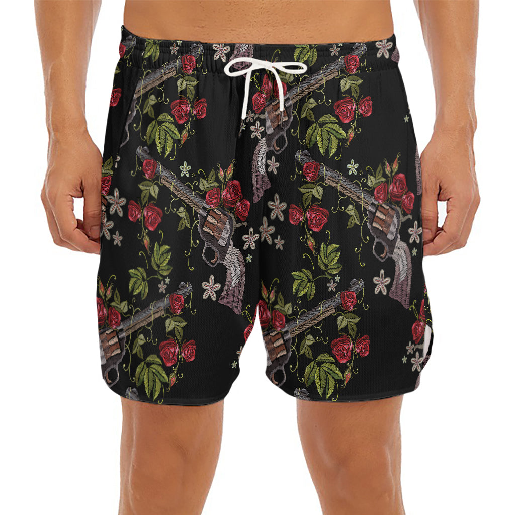 Guns And Flowers Pattern Print Men's Split Running Shorts