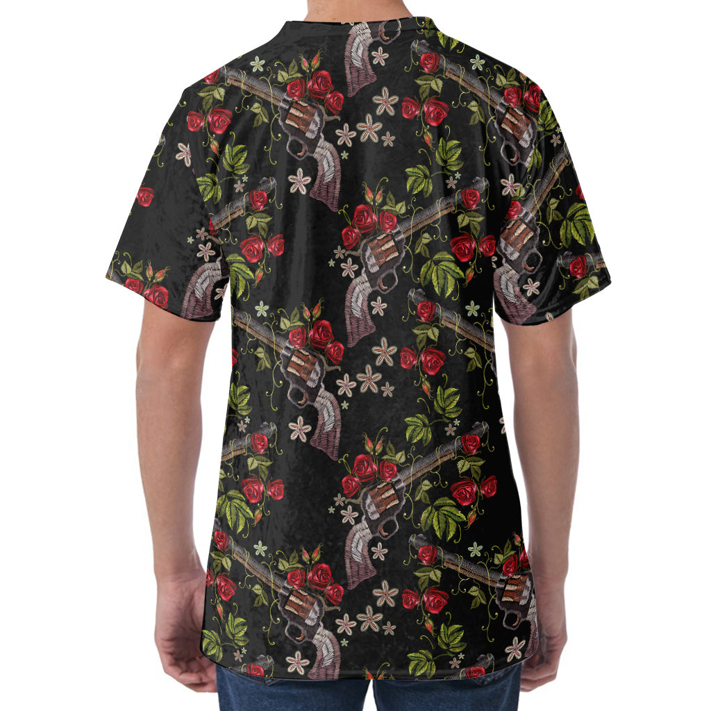 Guns And Flowers Pattern Print Men's Velvet T-Shirt