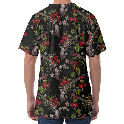 Guns And Flowers Pattern Print Men's Velvet T-Shirt