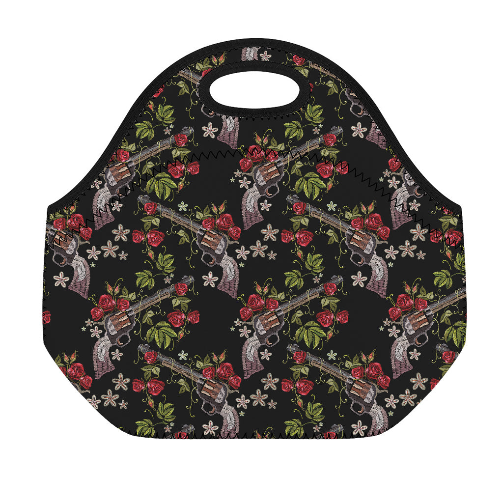 Guns And Flowers Pattern Print Neoprene Lunch Bag