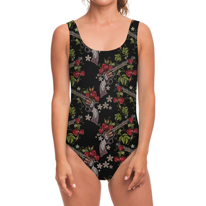 Guns And Flowers Pattern Print One Piece Swimsuit