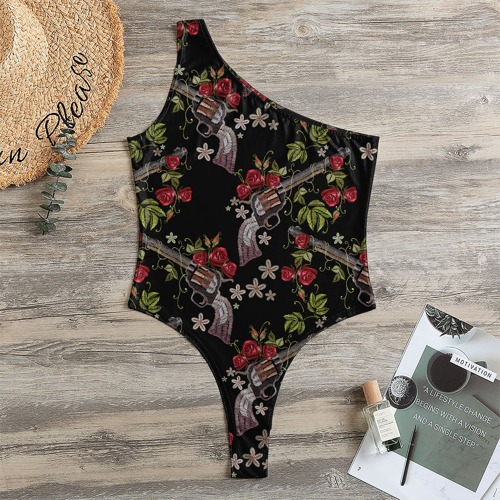 Guns And Flowers Pattern Print One Shoulder Bodysuit