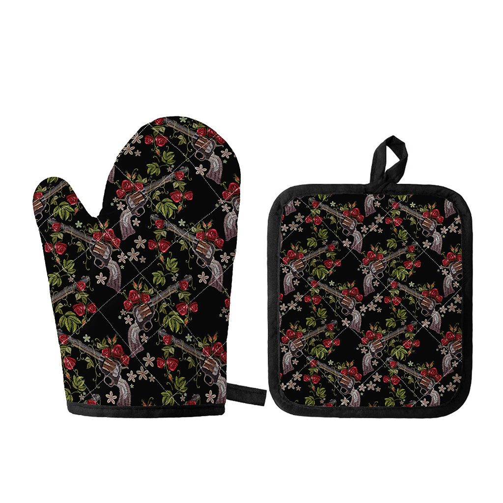 Guns And Flowers Pattern Print Oven Mitt And Pot Holder Set