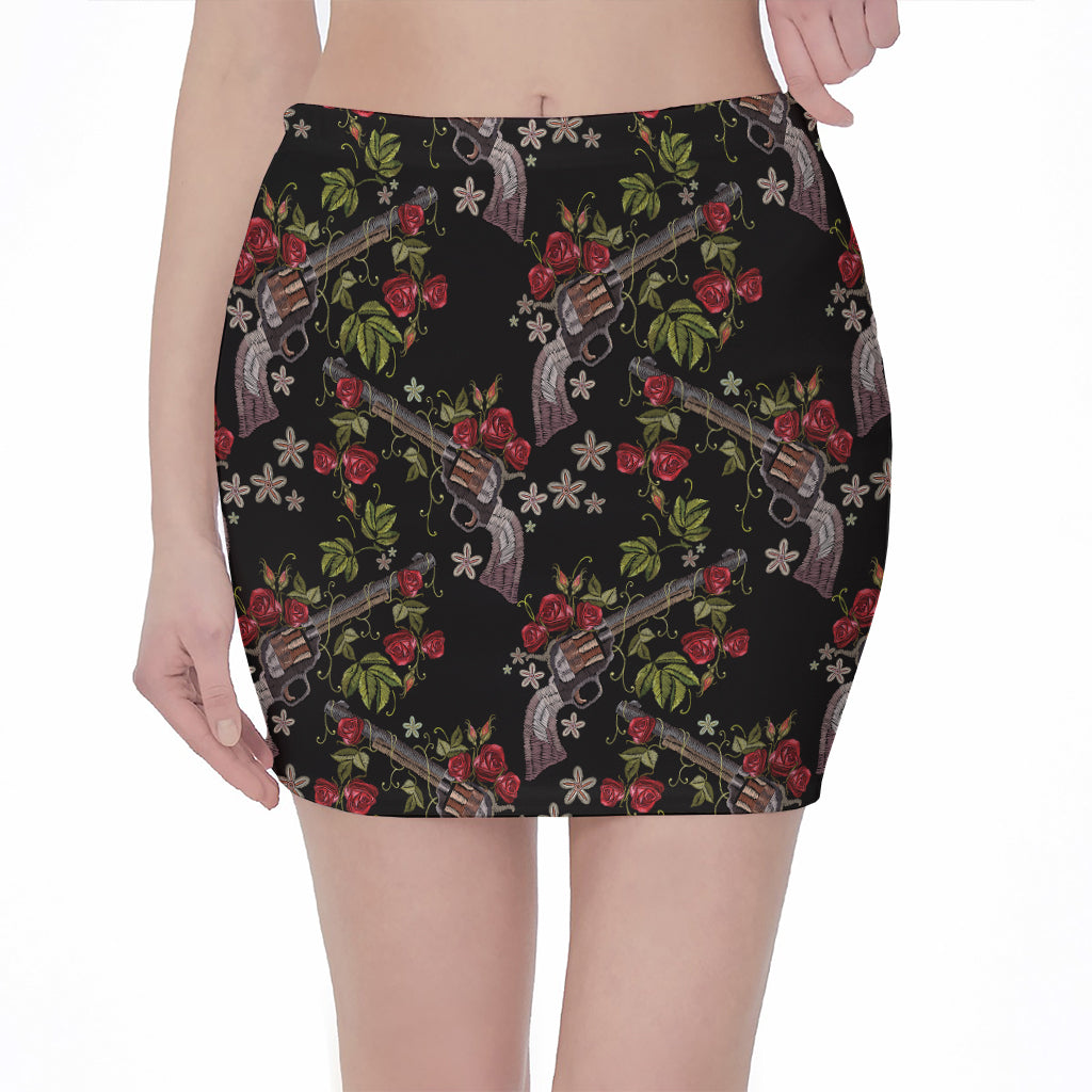 Guns And Flowers Pattern Print Pencil Mini Skirt