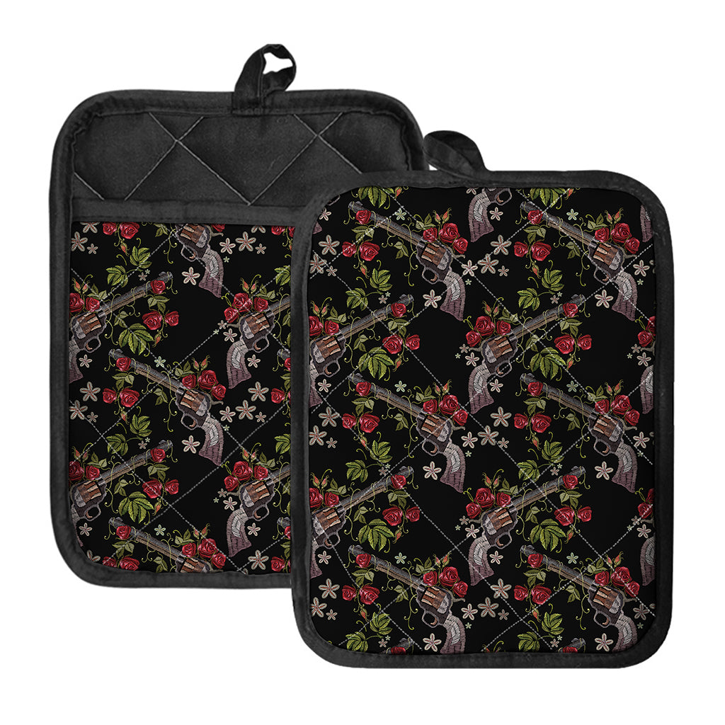 Guns And Flowers Pattern Print Pot Holders With Pocket